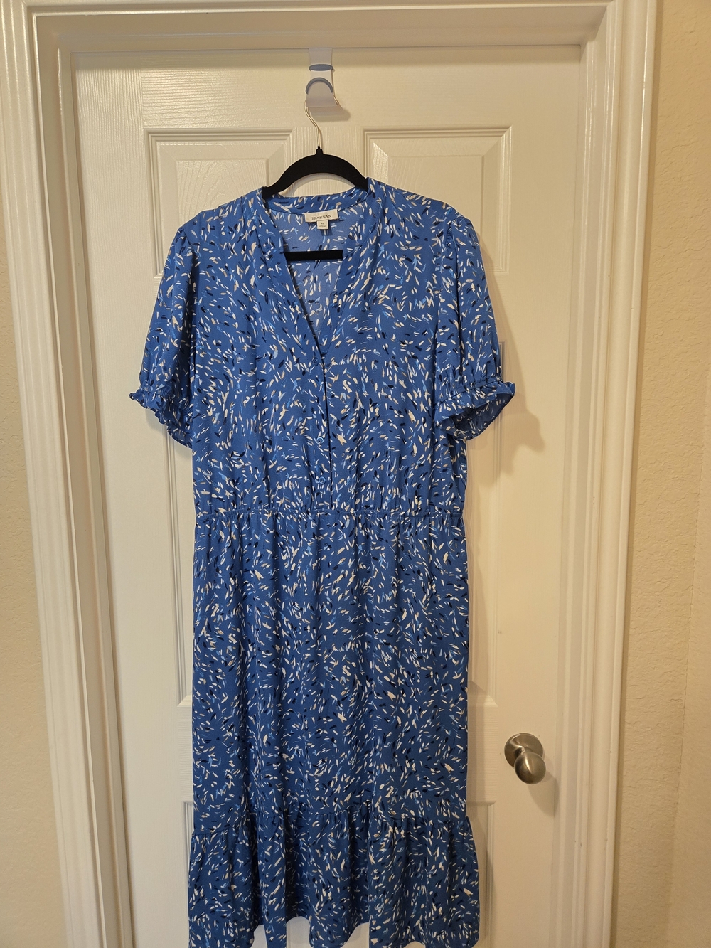 V-Neck Blue Printed Short Sleeve Maxi Dress